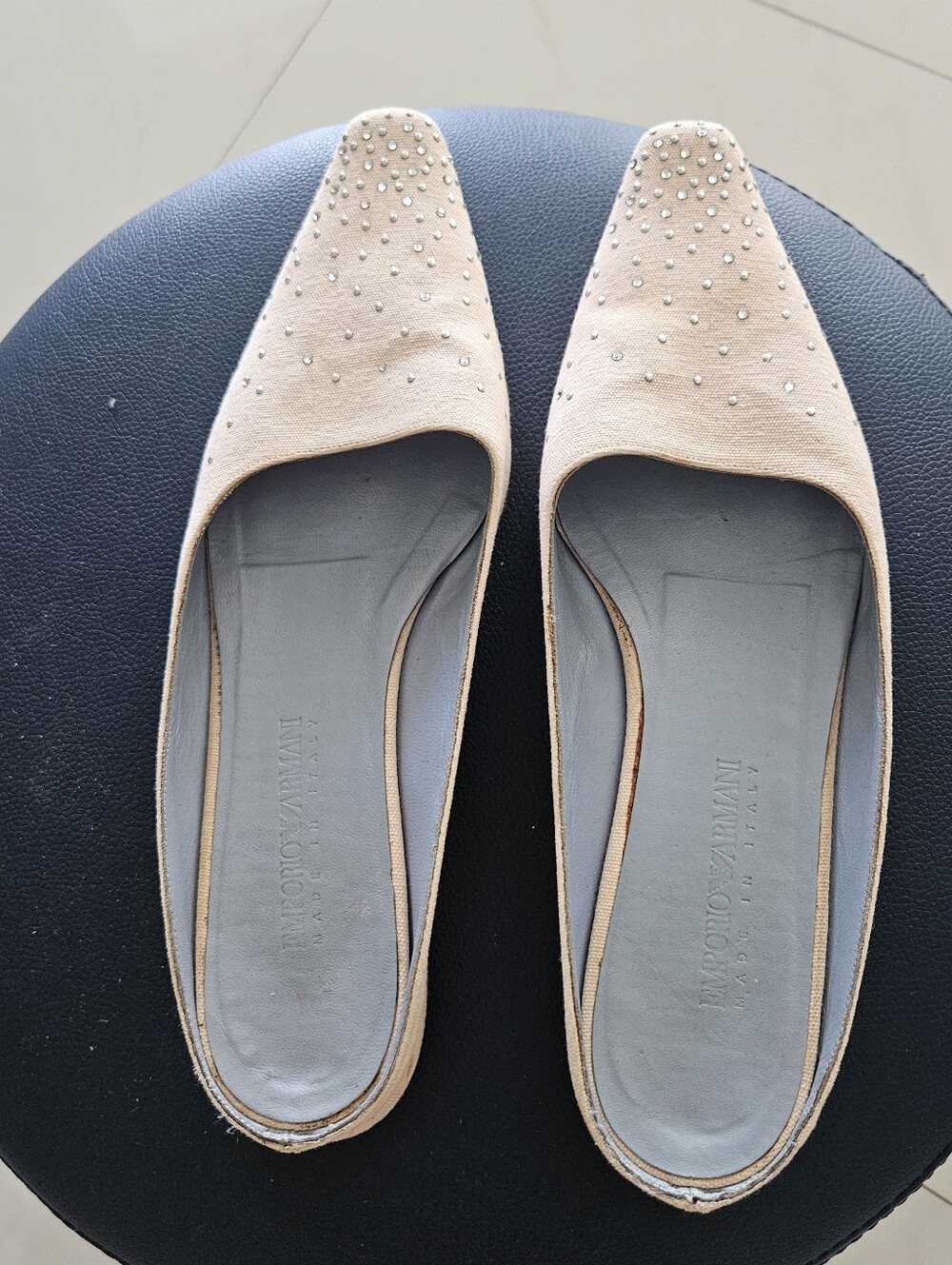 Emporio Armani Beige Studded Pointed-Toe Flats, Size 9